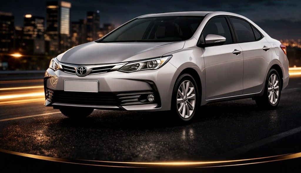 Un sedán Toyota Corolla plateado estacionado en una carretera mojada por la noche, con el horizonte de la ciudad borroso de fondo.