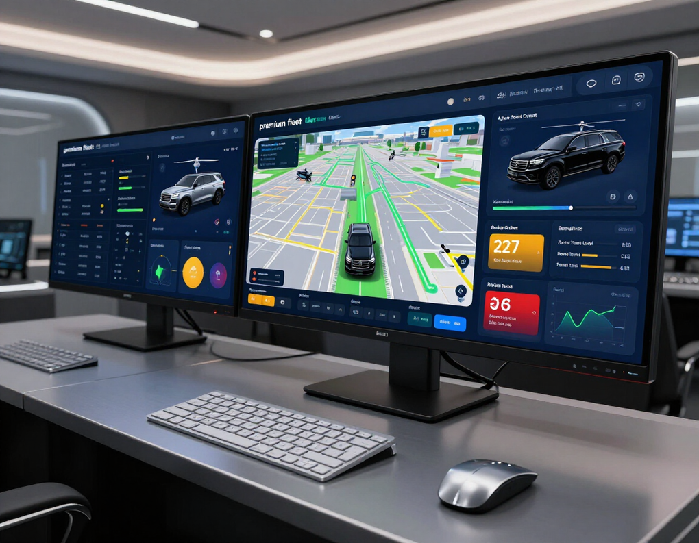 Dos monitores sobre un escritorio muestran paneles de control para supervisar los datos de los vehículos autónomos y las simulaciones de tráfico en tiempo real.