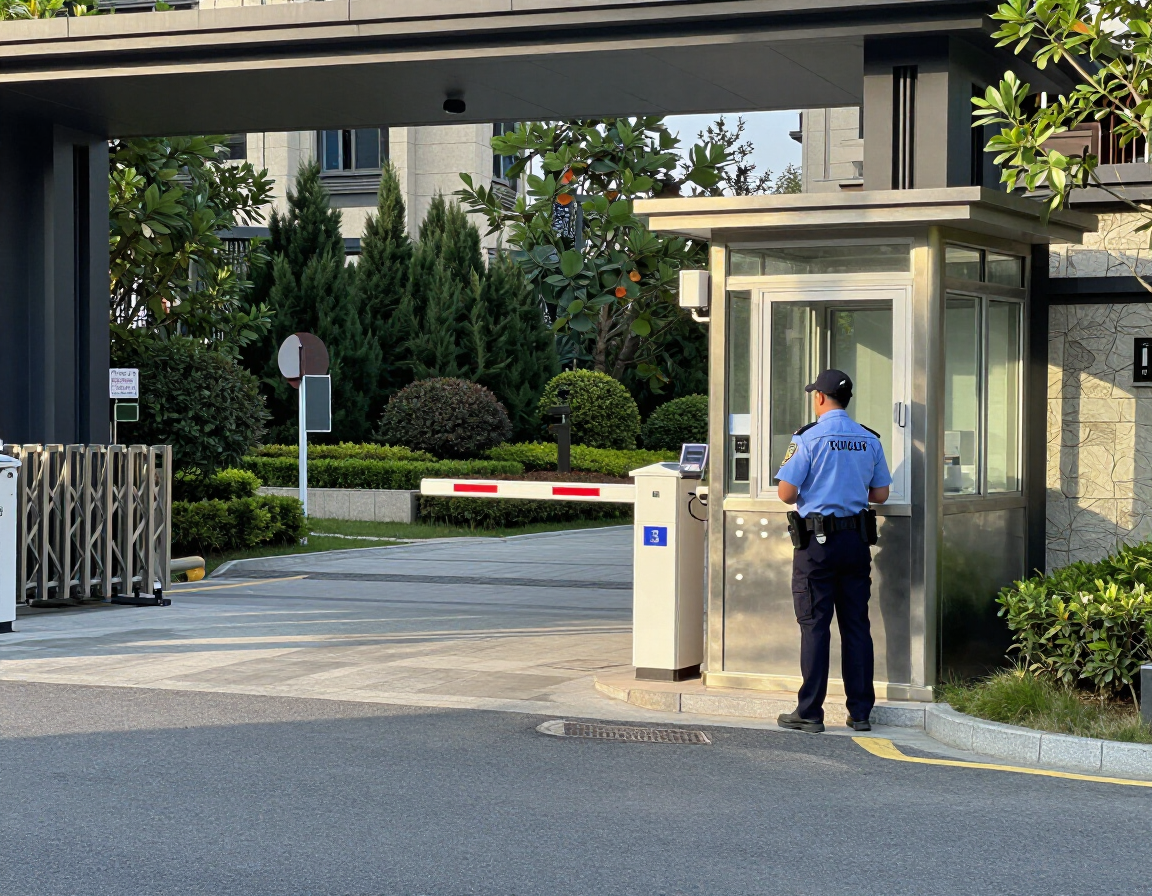 Un guardia de seguridad con uniforme azul se encuentra en la entrada cerrada de una zona residencial, donde hay una caseta y una barrera.