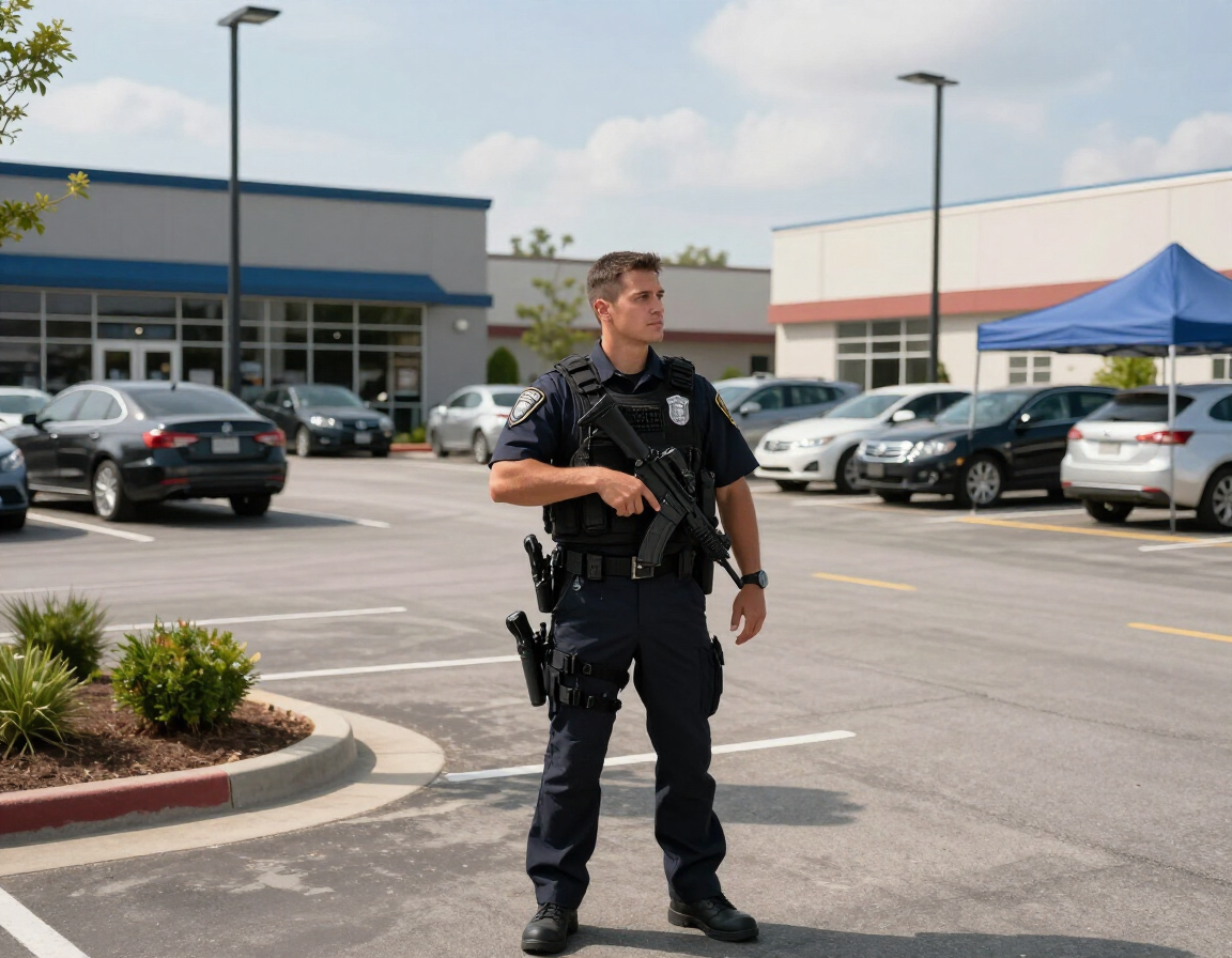 Un agente con equipo táctico y un rifle en la mano permanece de pie en un estacionamiento con varios autos aparcados.