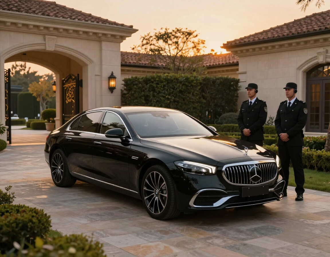 Un sedán Mercedes-Benz negro estacionado en la entrada de una mansión junto a dos agentes de seguridad uniformados al atardecer.