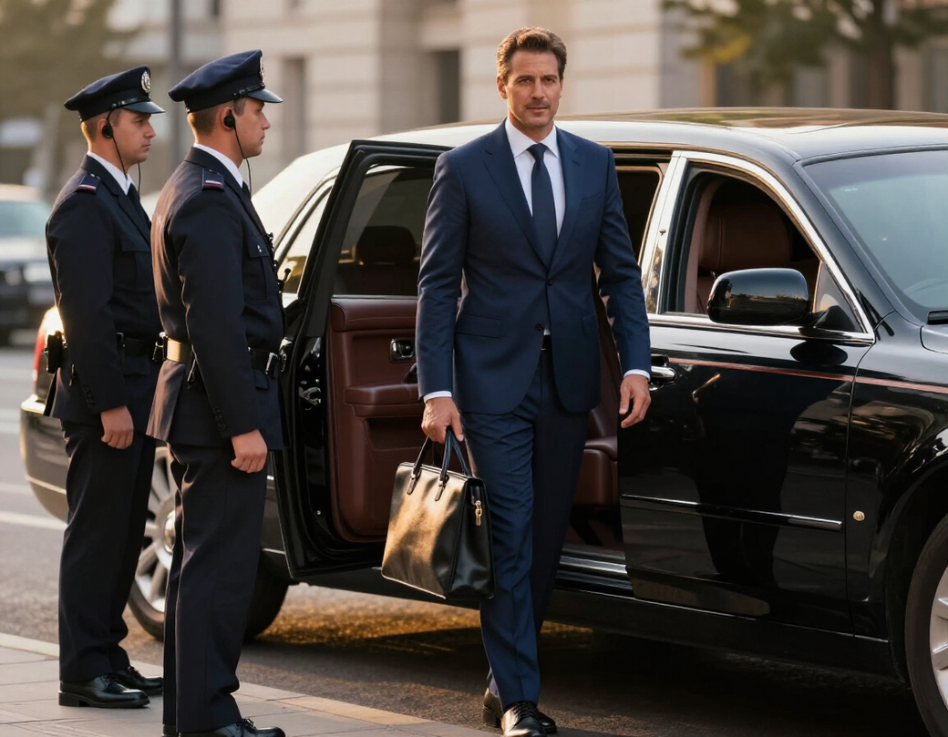Un profesional vestido de traje y con un maletín sale de un coche negro mientras dos agentes de seguridad uniformados permanecen cerca.