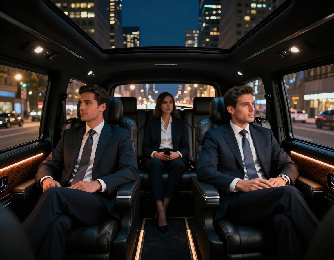 Tres profesionales vestidos de traje viajan de noche en la parte trasera de un vehículo de lujo, contemplando el horizonte de la ciudad.