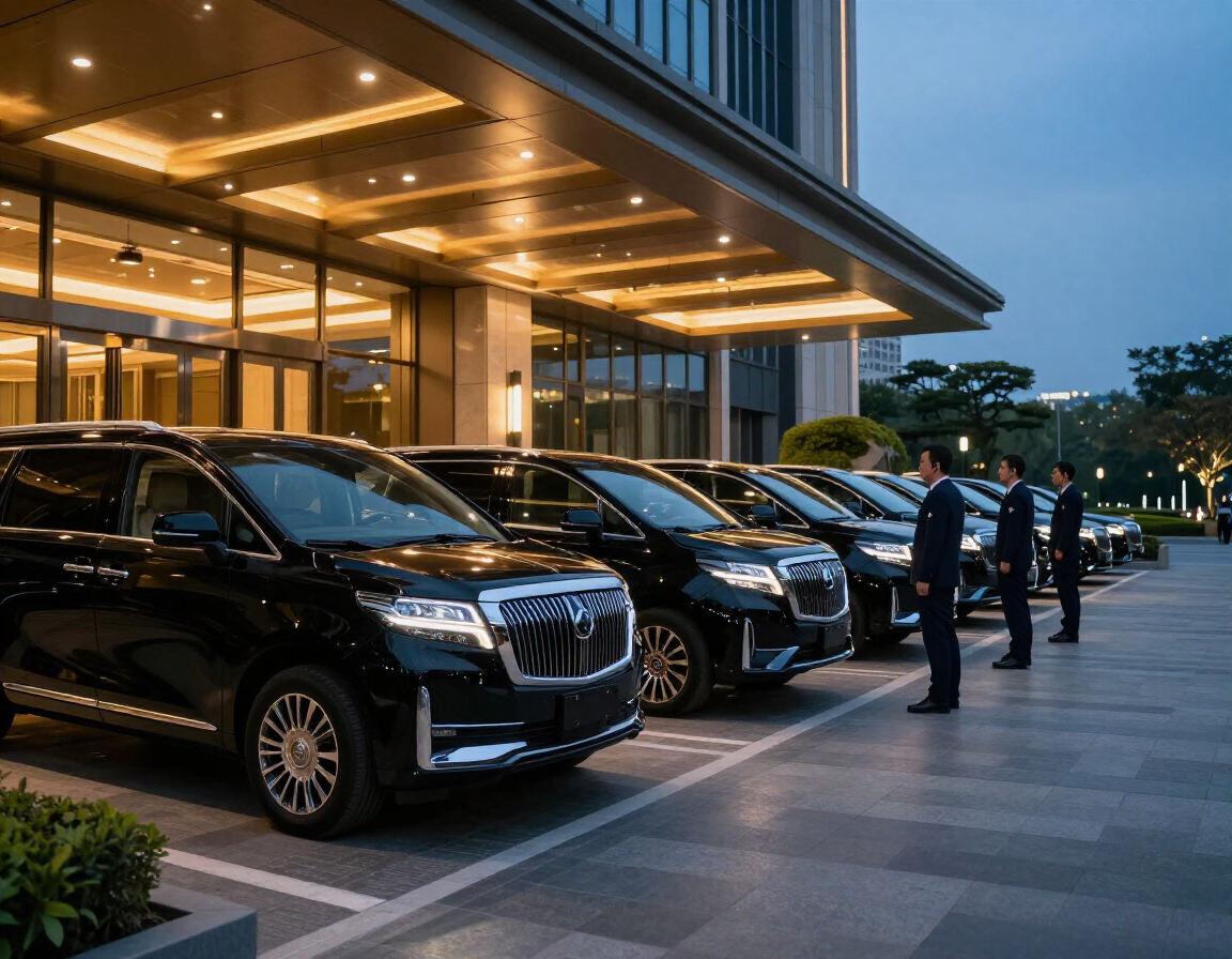 Tres chóferes uniformados permanecen de pie junto a una fila de monovolúmenes de lujo negros aparcados frente a la entrada de un hotel moderno al anochecer.