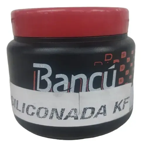 Tarro negro con tapa roja, etiqueta blanca y texto “Bancú SILICONADA KF”.