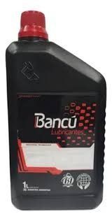 Botella de lubricante de color negro con tapón rojo, logo “Bancú Lubricantes” y capacidad de 1L.