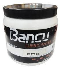 Tarro blanco de pasta “Bancu Lubricantes” con tapa y etiqueta de color negro.