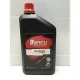 Botella negra de líquido de transmisión Bancu con etiqueta y tapa rojas.