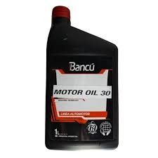 Botella de aceite de motor Bancú negra, etiqueta