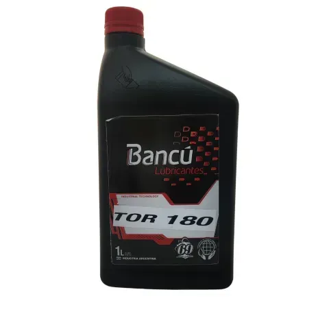 Botella negra de lubricante Bancú TOR 180. Tapón rojo, etiqueta blanca y roja,