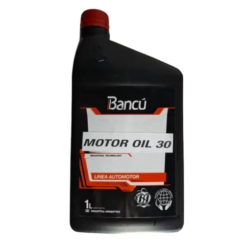 Aceite de Motor Bancú Negro 30 botellas con tapón rojo, etiqueta blanca y roja, 1L.