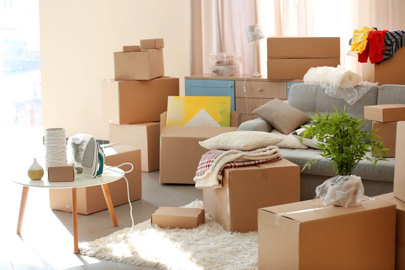 A living room filled with cardboard boxes and a couch.