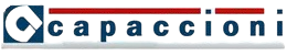 Un logo Capaccioni blu e rosso su sfondo bianco