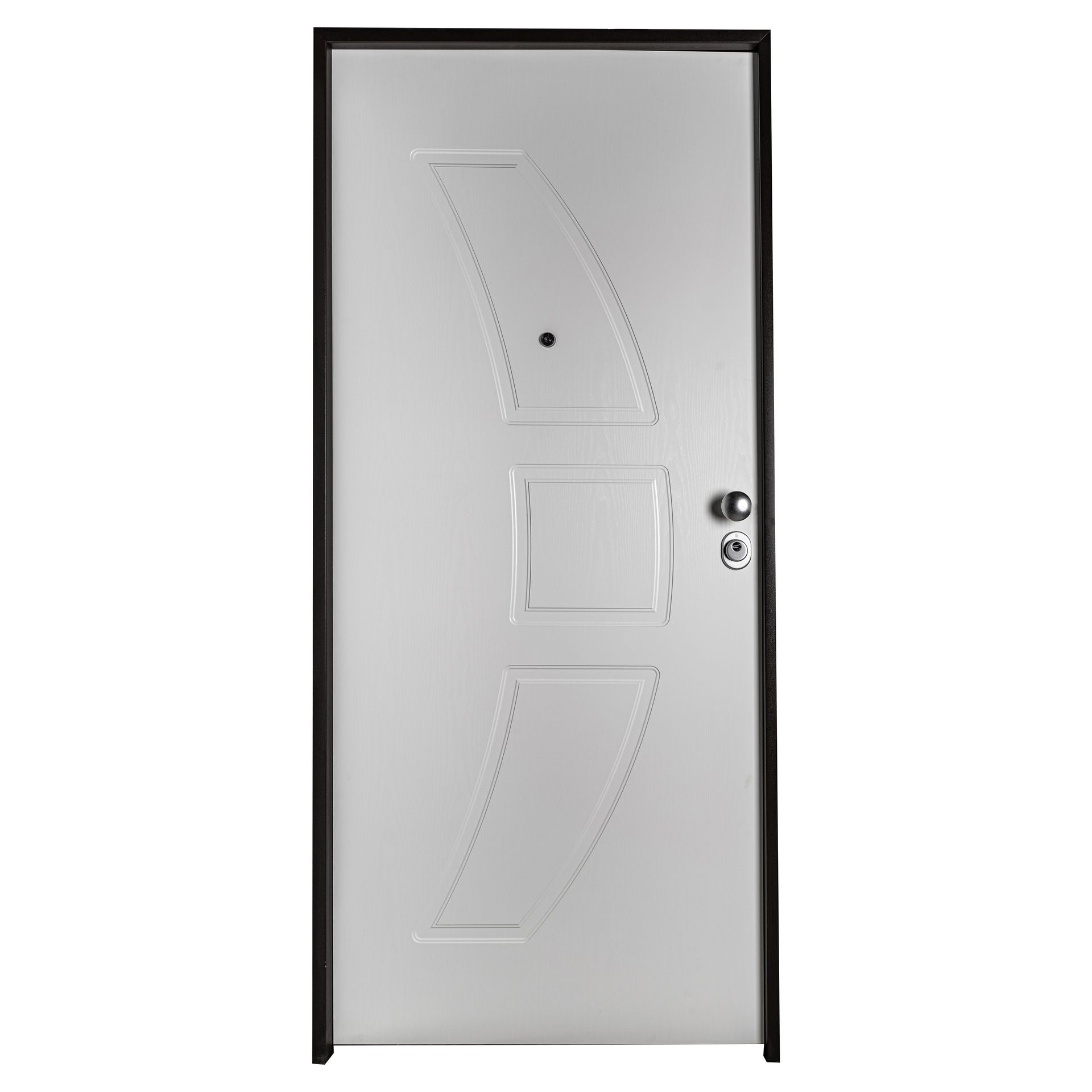 Una porta bianca con una cornice nera su uno sfondo bianco.