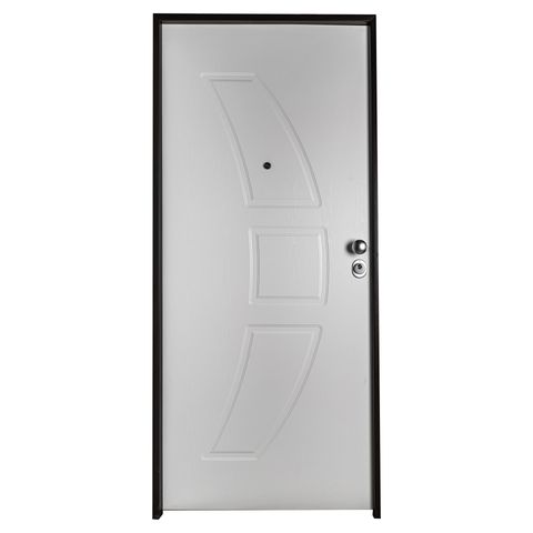 Una porta bianca con una cornice nera su uno sfondo bianco.