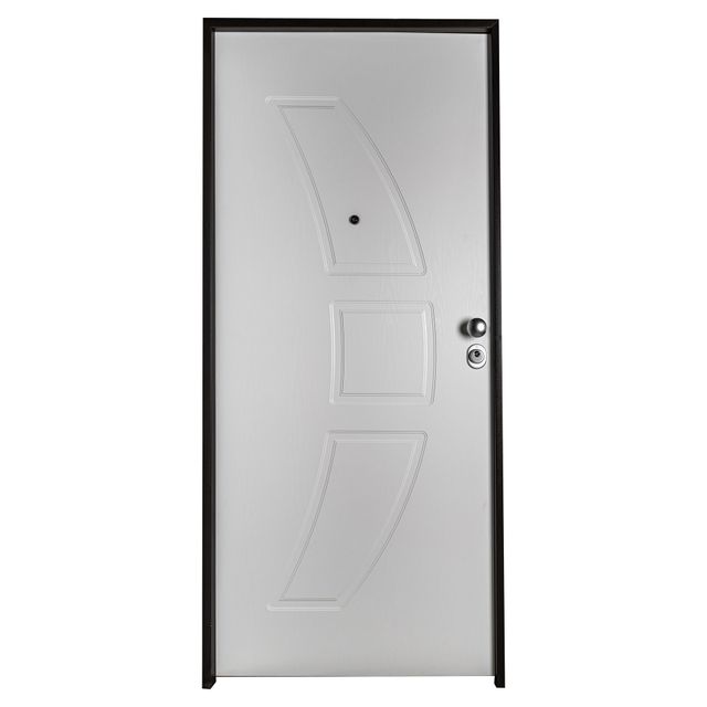 Una porta bianca con una cornice nera su uno sfondo bianco.