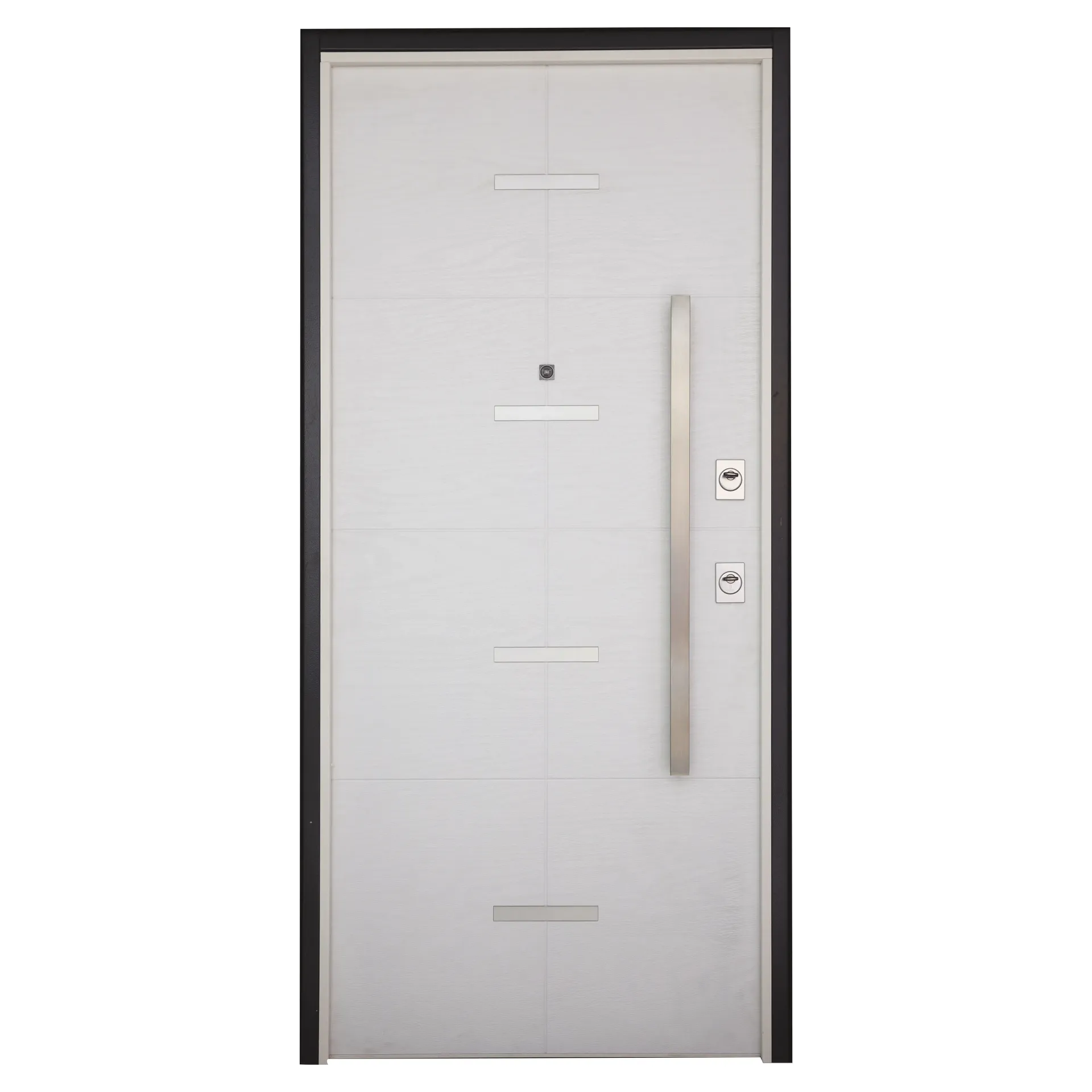 Una porta bianca con una maniglia in acciaio inossidabile su uno sfondo bianco.