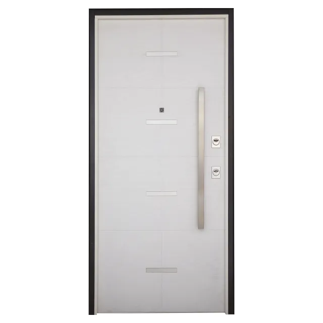 Una porta bianca con una maniglia in acciaio inossidabile su uno sfondo bianco.