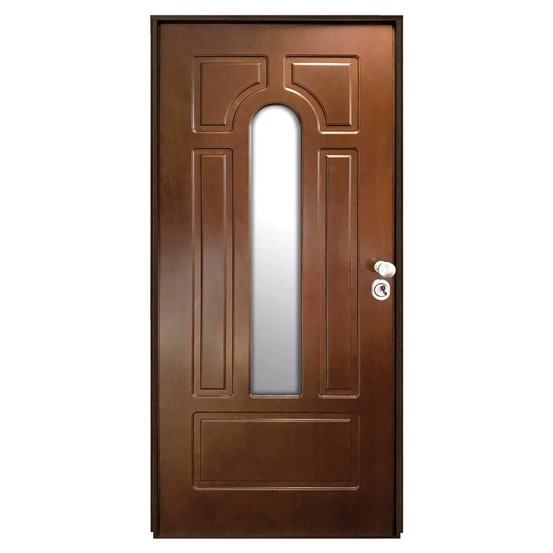 Una porta di legno con una finestra di vetro su uno sfondo bianco.