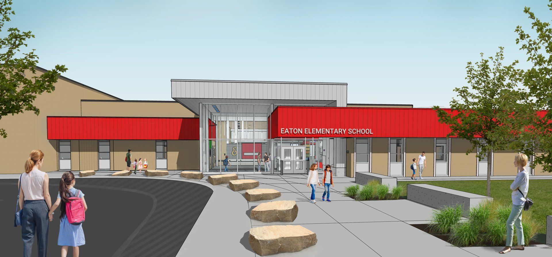An artist 's impression of a school with a red awning