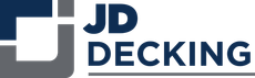 Logo for JD Decking with a blue and gray geometric design and dark blue text.