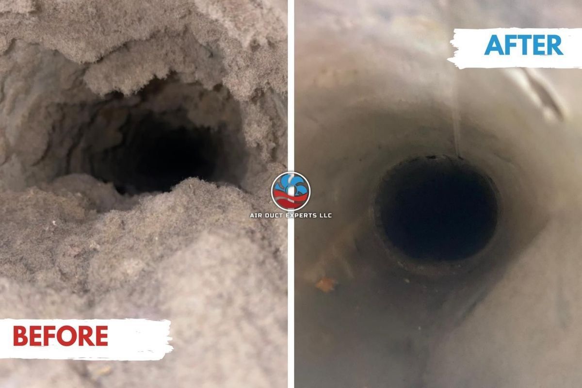 Before-and-after of air duct. Left side: dirty, clogged. Right side: clean, clear.