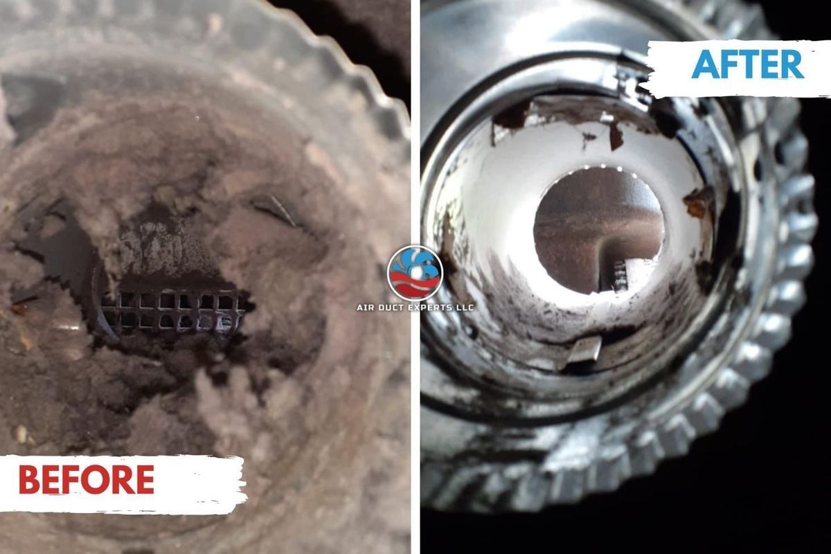 Comparison of a dirty dryer vent (before) and a clean dryer vent (after).