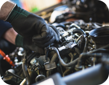 A man wearing black gloves is working on a car engine. | Preventative Maintenance