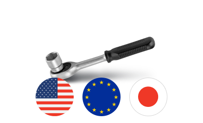 A ratchet wrench is surrounded by flags from the united states , europe and japan. | NRH Automotive