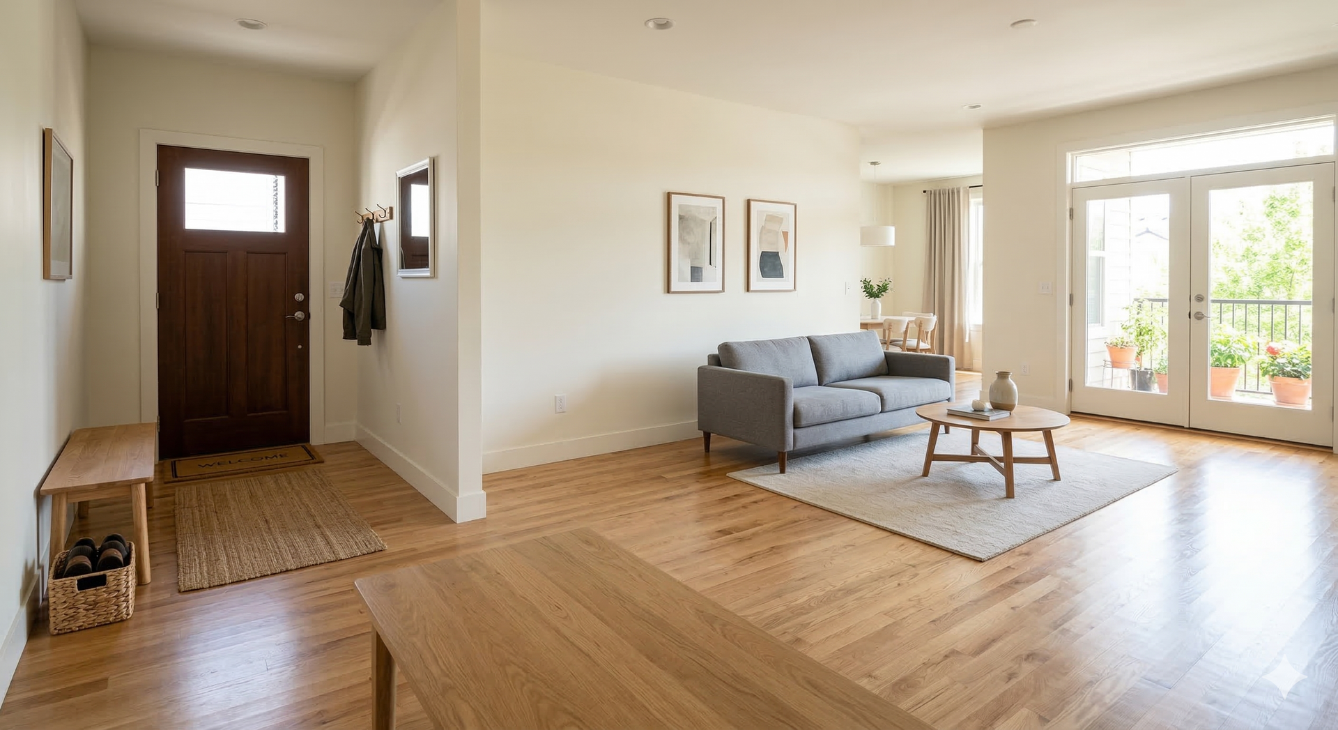 Modern living area with a dark wood entryway door, grey sofa, coffee table, and glass doors opening to a patio.