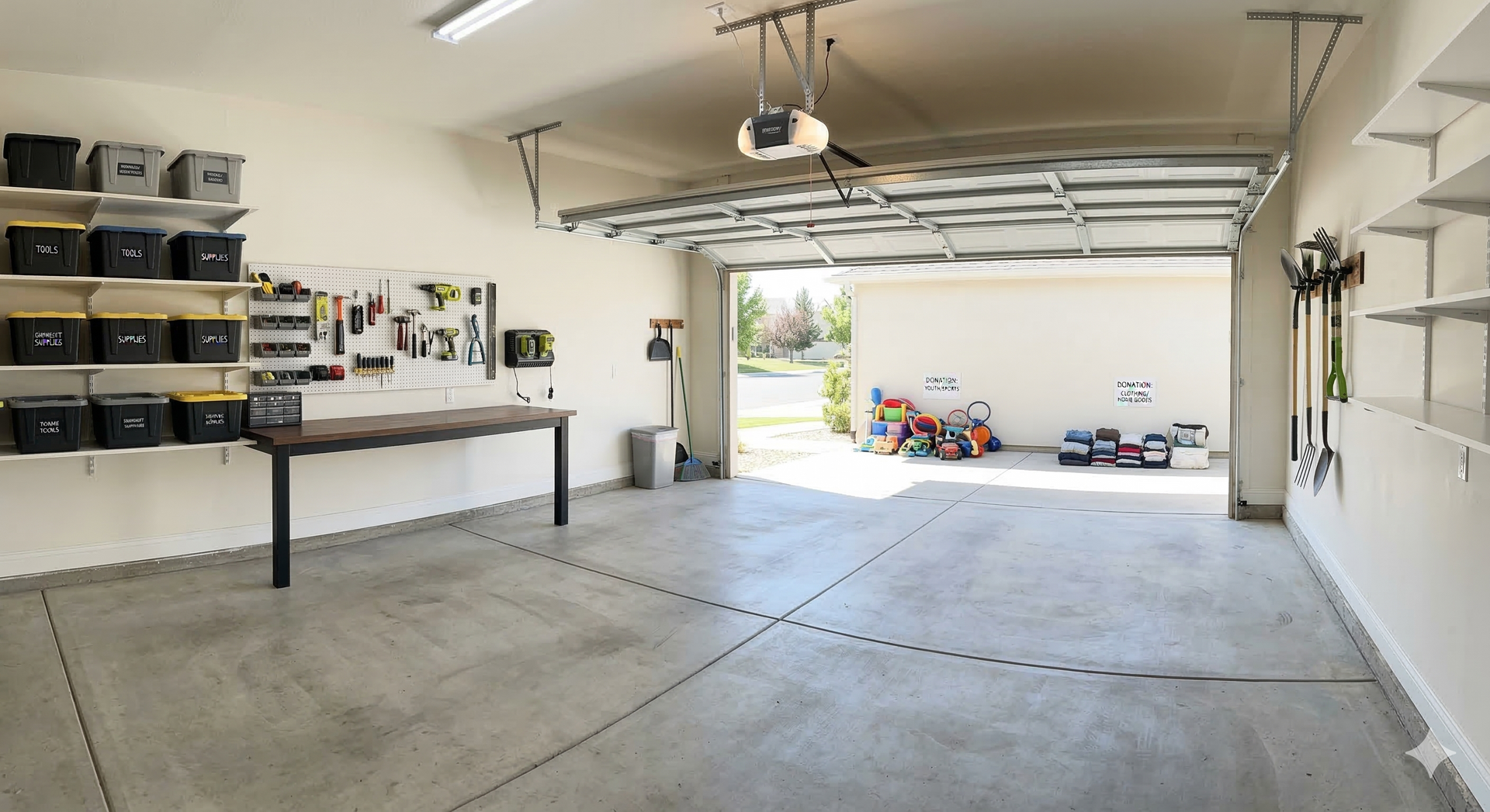 Organized garage with a workbench, shelving units filled with storage bins, tools on a wall, and a wide-open door.