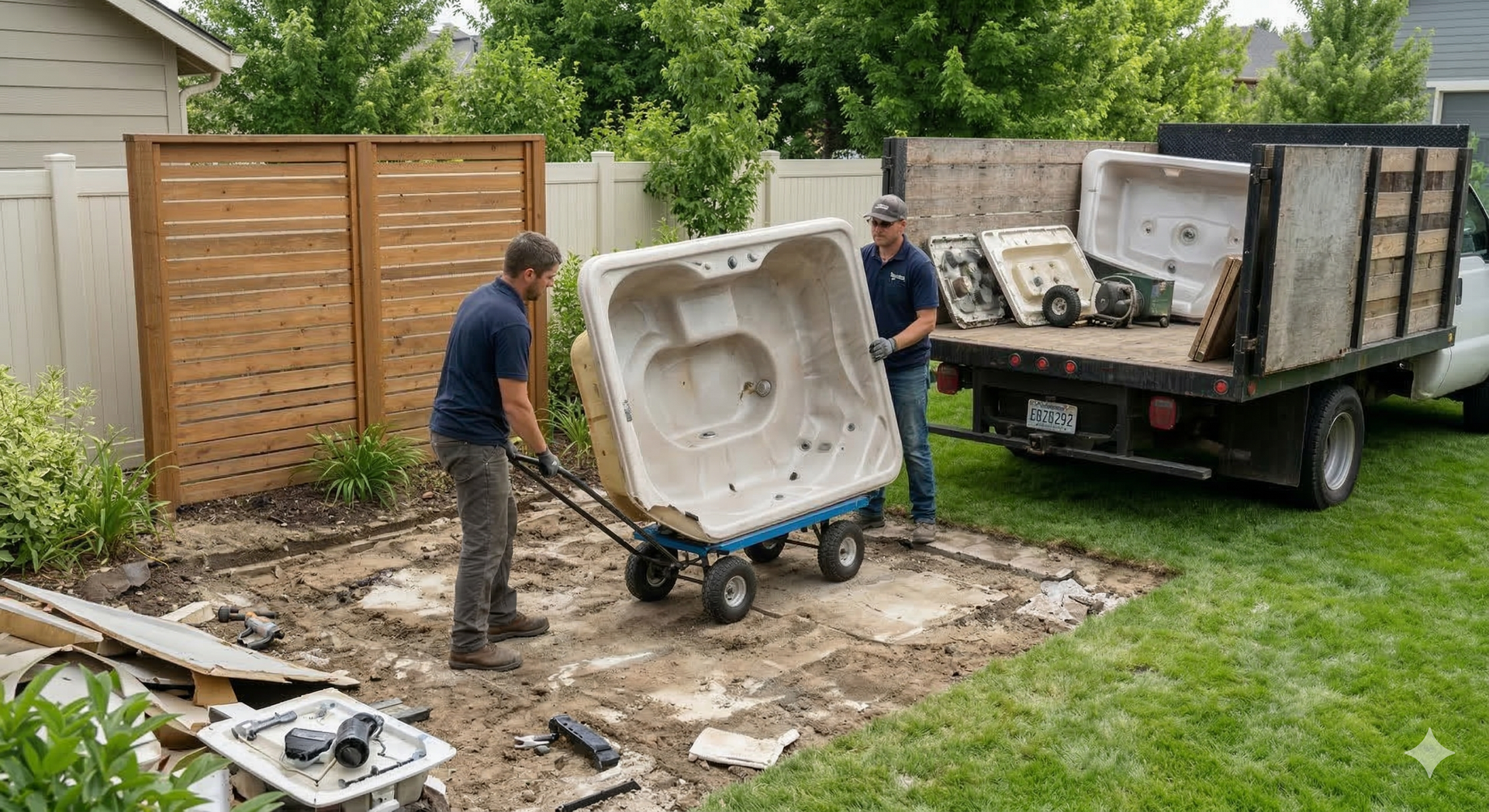 Two people use a cart to move a hot tub shell toward a junk removal truck in a residential backyard.