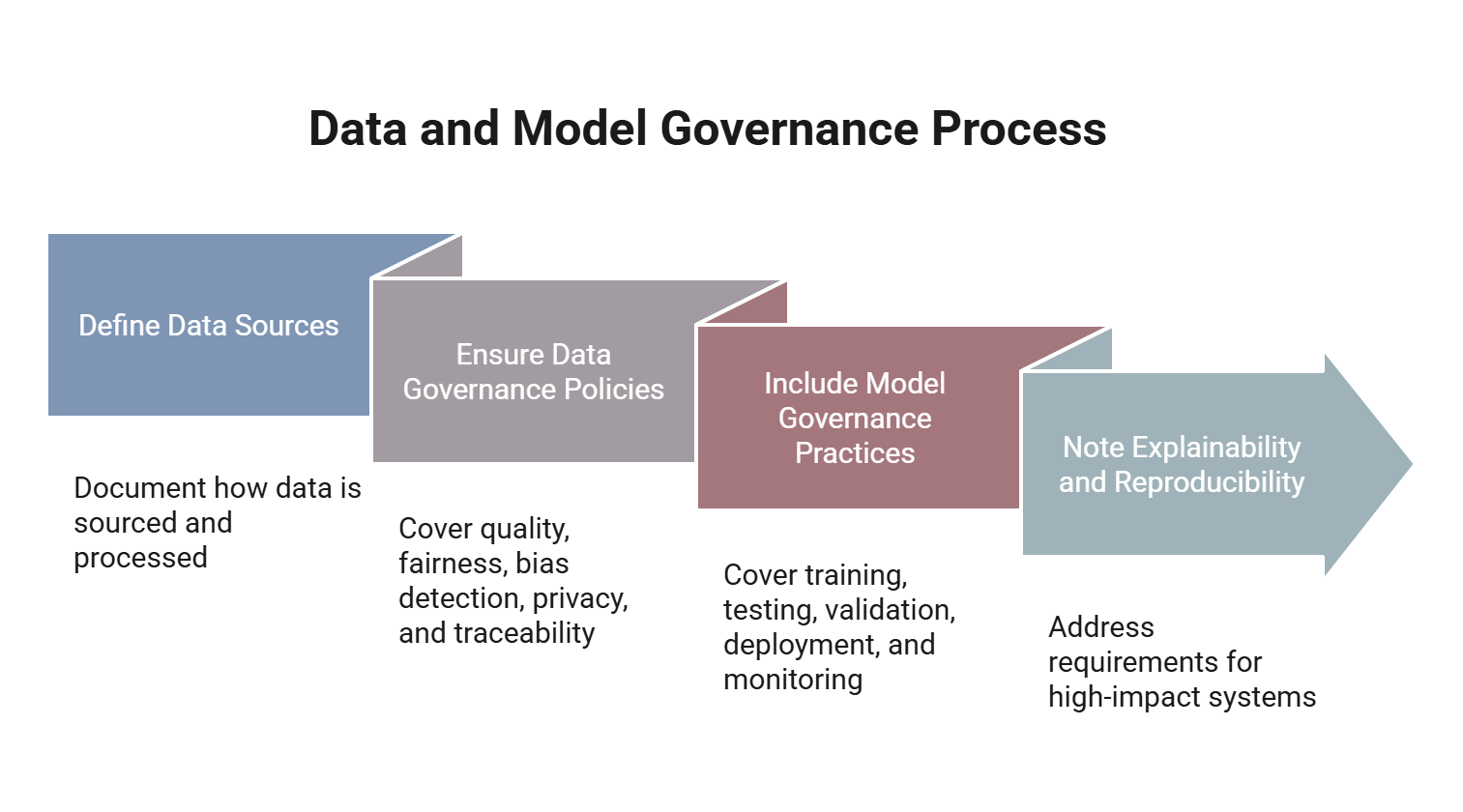 Step 5: Data and model governance process. Step includes defining data sources, ensuring data governance policies, including model governance practices, and noting explainabiliity and reproductability