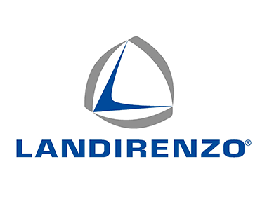 Logo Landi Renzo con una forma geometrica blu e grigia sopra la scritta