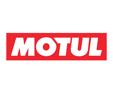 Logo Motul in lettere bianche su sfondo rettangolare rosso.