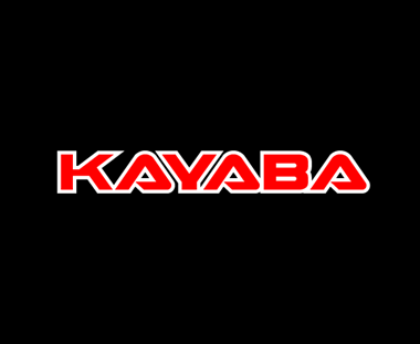 Logo KAYABA in lettere rosse con contorno bianco su sfondo nero.
