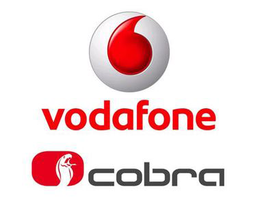 Logo Vodafone sopra il logo Cobra; entrambi rossi e bianchi.