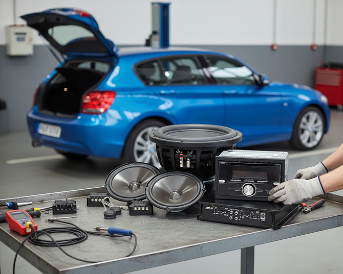 Componenti di un sistema audio per auto su un banco da lavoro in un garage con un portellone posteriore blu.