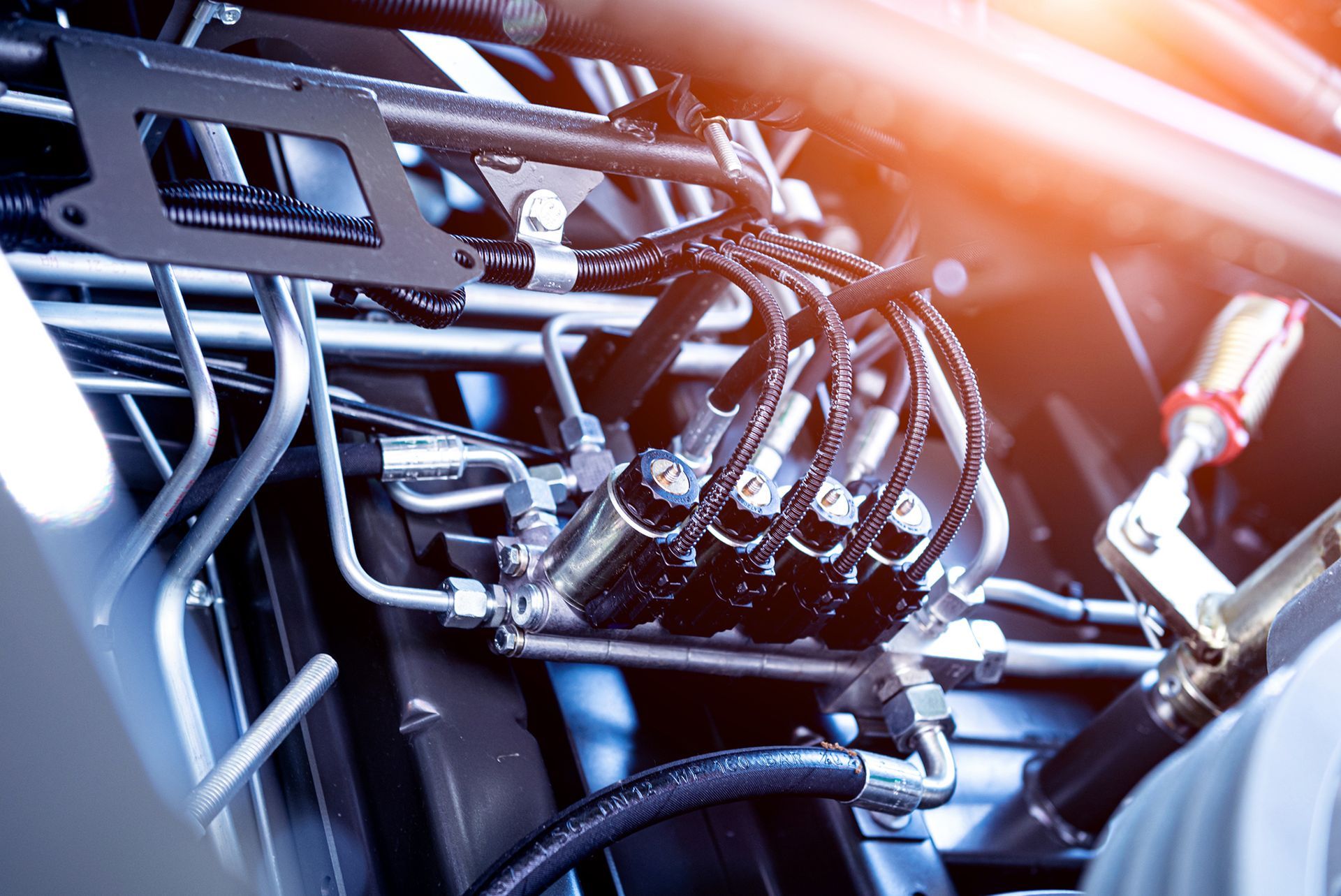 Primo piano di macchinari industriali con diversi tubi e flessibili interconnessi.