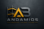 Logo de ANDAMIOS con letras gris y dorado sobre fondo oscuro; incluye el lema “Seguridad, calidad, altura”.