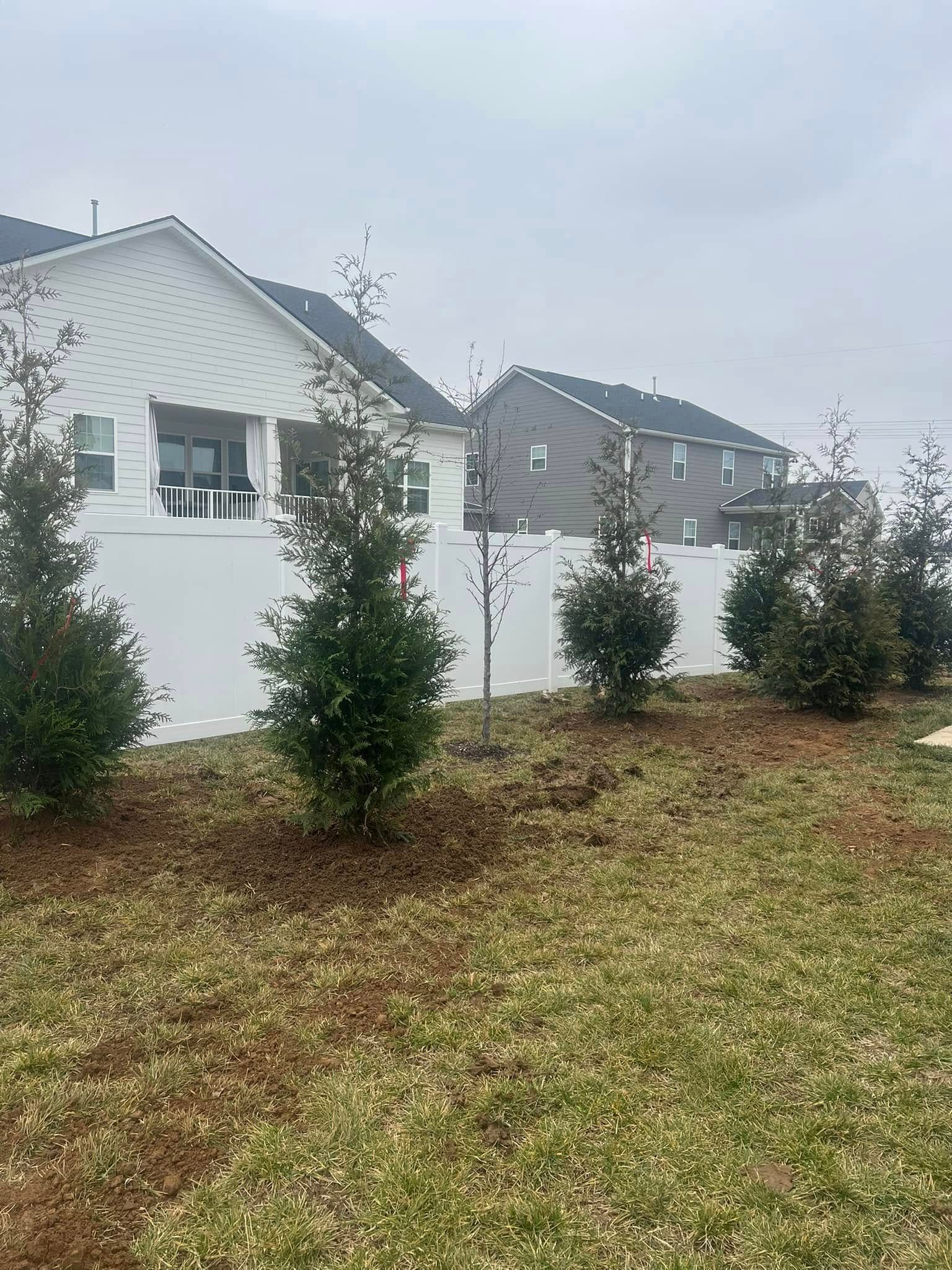 A yard with a white fence and trees in front of a house.
