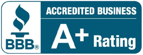 A blue sign that says accredited business a+ rating