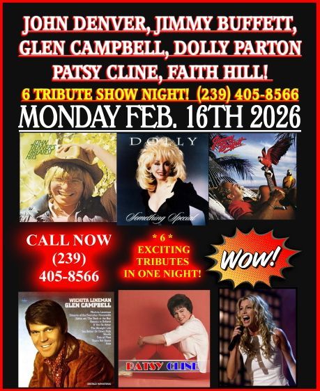 Poster: A 6-Tribute Show Night featuring John Denver, Jimmy Buffett, Dolly Parton, etc. on Feb 16, 2026.