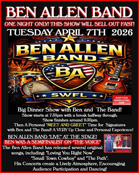 Concert flyer: Ben Allen Band performing on April 7, 2026. Includes band logo, show details, and 