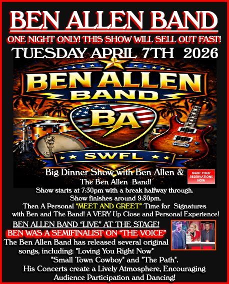Concert flyer: Ben Allen Band performing on April 7, 2026. Includes band logo, show details, and 