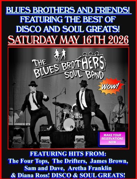A promotional poster for The Blues Brothers Soul Band performing live on Saturday, May 16th, 2026.