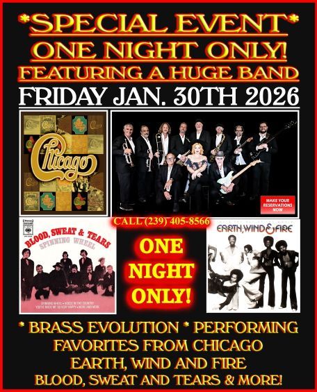 Concert ad: Brass Evolution performing Chicago, Earth, Wind & Fire, Blood, Sweat & Tears favorites. Friday, Jan. 30th, 2026.