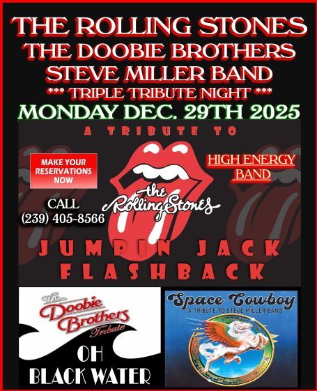 Concert flyer: Rolling Stones, Doobie Brothers, & Steve Miller Band tribute, 