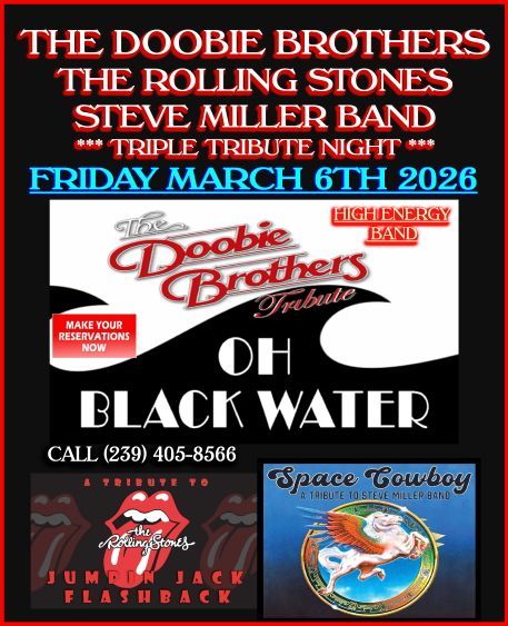 Concert poster for a triple tribute night featuring the Doobie Brothers, Rolling Stones, and Steve Miller Band on March 6, 2026.