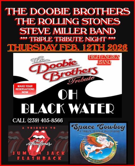 Concert poster: Triple tribute night featuring Doobie Brothers, Rolling Stones, & Steve Miller Band, Thursday, Feb. 12, 2026.